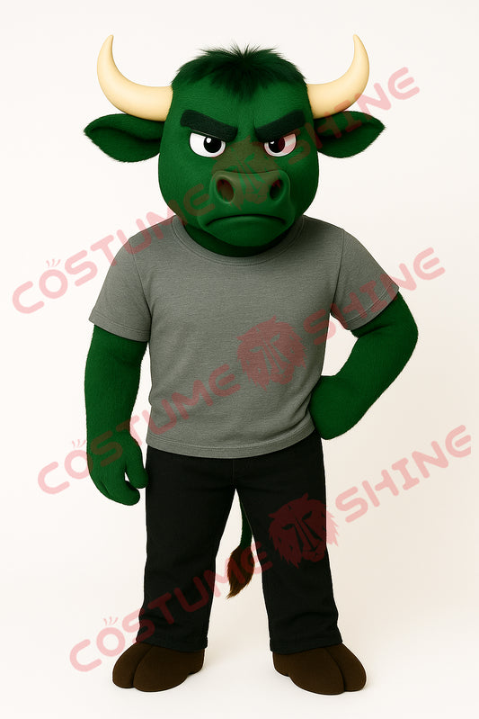Green Bull Mascot Costume with Grey T-Shirt