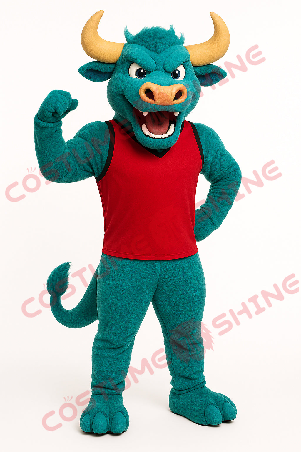 Green Bull Mascot Costume in Red Sports Vest – Custom Team Outfit for Events