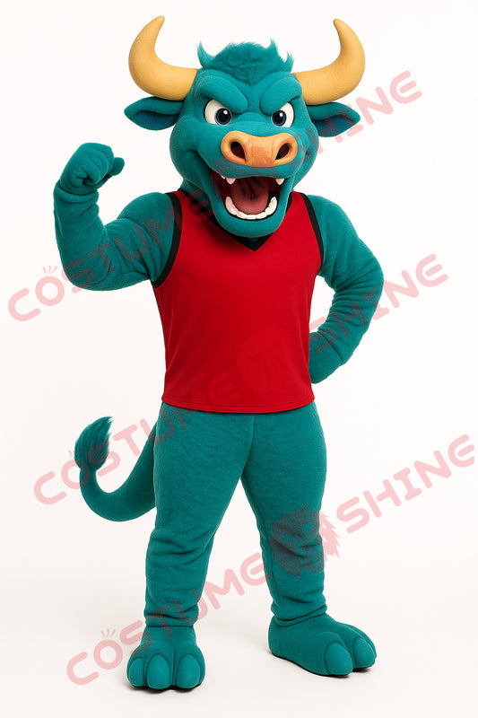 Green Bull Mascot Costume in Red Sports Vest – Custom Team Outfit for Events
