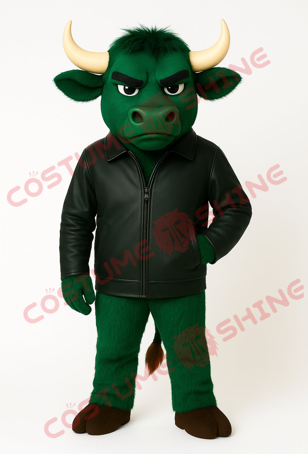Green Bull Mascot Costume with Black Jacket