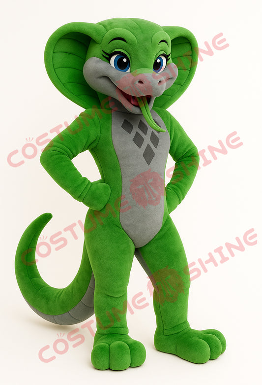 Green Cobra Snake Mascot Costume with Gray Belly and Blue Eyes