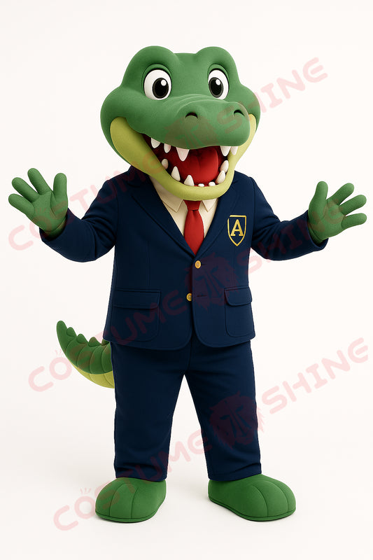 Green Crocodile Mascot Costume – Navy Suit Plush Outfit for School or Company Events