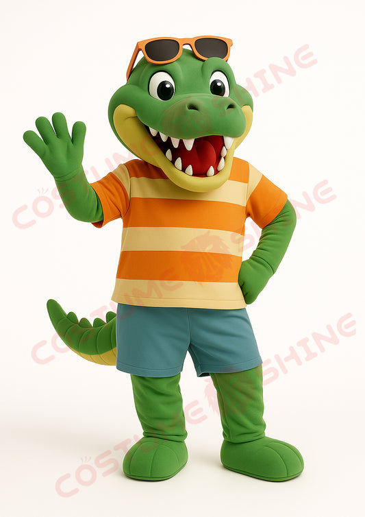 Green Crocodile Mascot Costume – Striped Shirt Plush Animal Suit for School or Summer Events