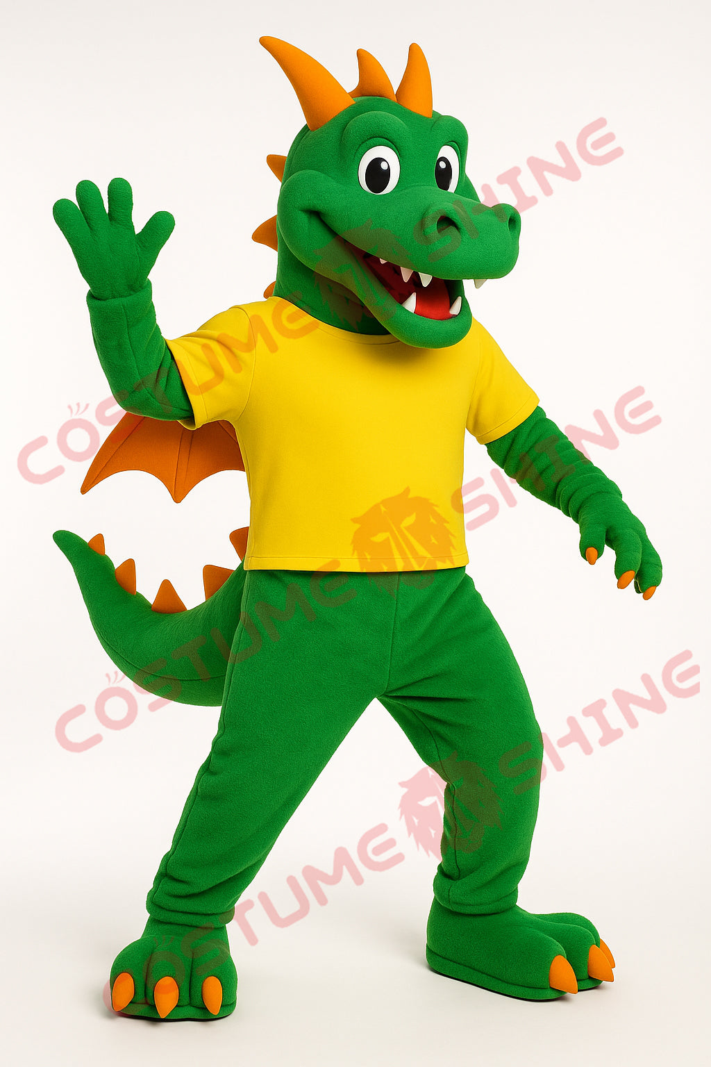 Green Dragon Mascot Costume in Yellow Shirt – Custom Event Outfit for School or Team
