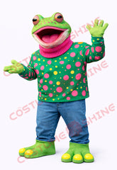 Green Frog Mascot Costume for Adults with Polka Dot Sweater