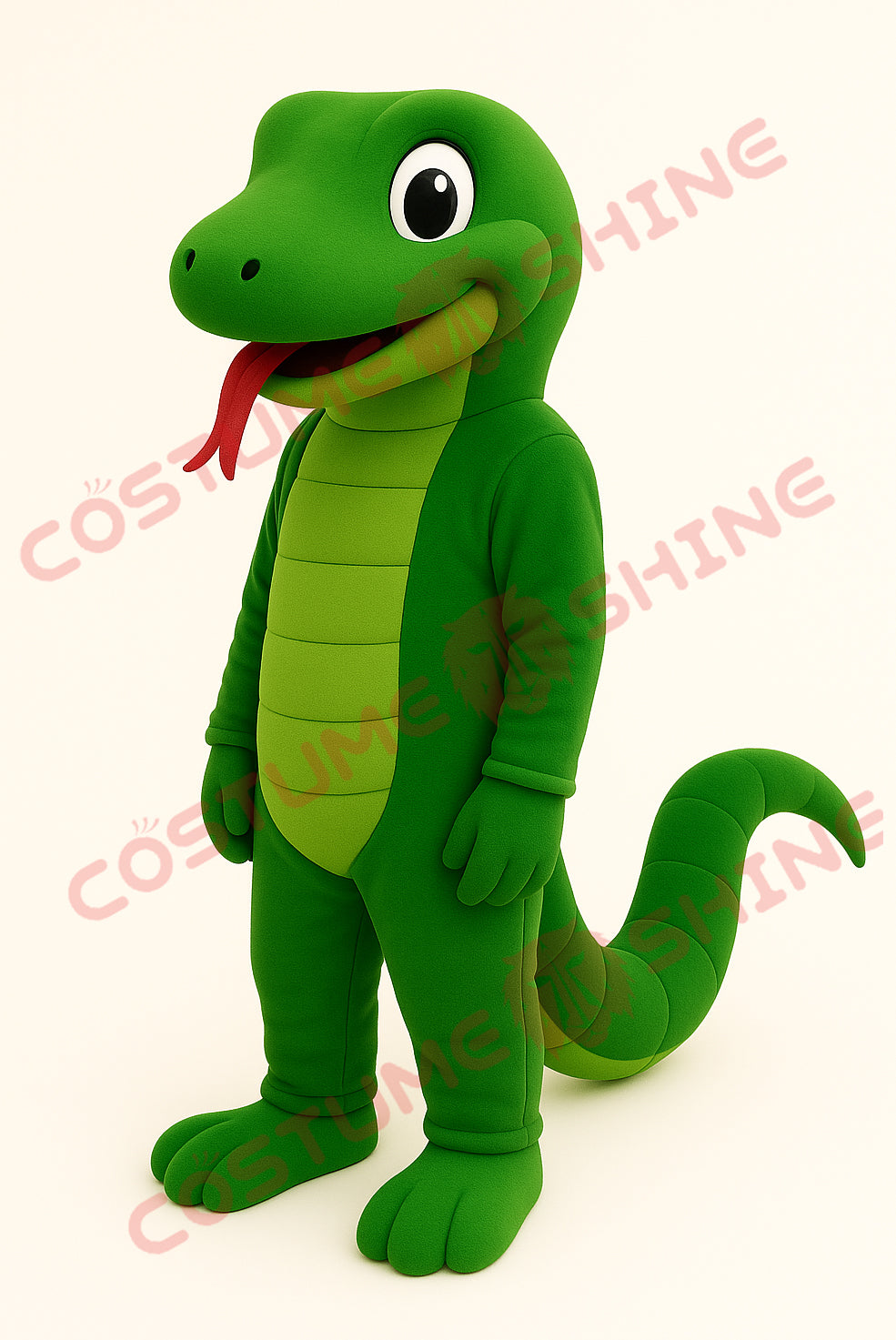 Green Snake Mascot Costume with Light Belly and Red Tongue