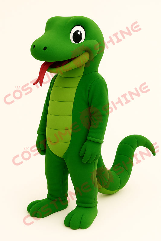 Green Snake Mascot Costume with Light Belly and Red Tongue