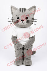 Grey Cat Mascot Costume with White T-Shirt – Soft Plush Full Body Suit