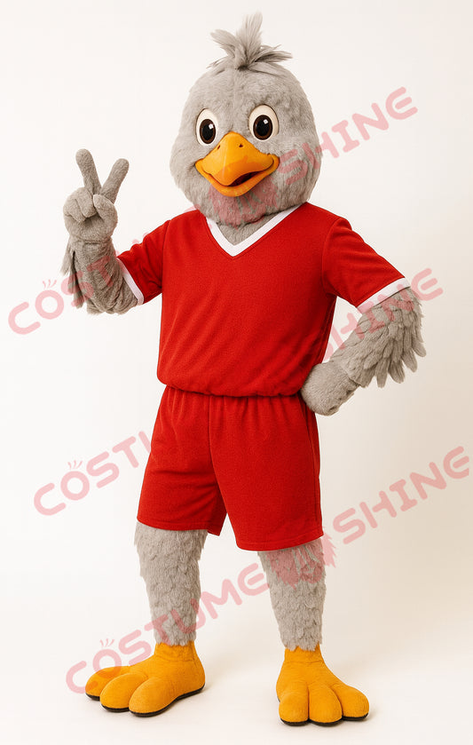 Grey Chicken Mascot Costume for Adults in Red Sports Outfit Plush Suit