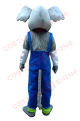Grey Elephant Mascot Costume for Adults – Plush Suit with Blue Overalls and Green Ankle Cuffs
