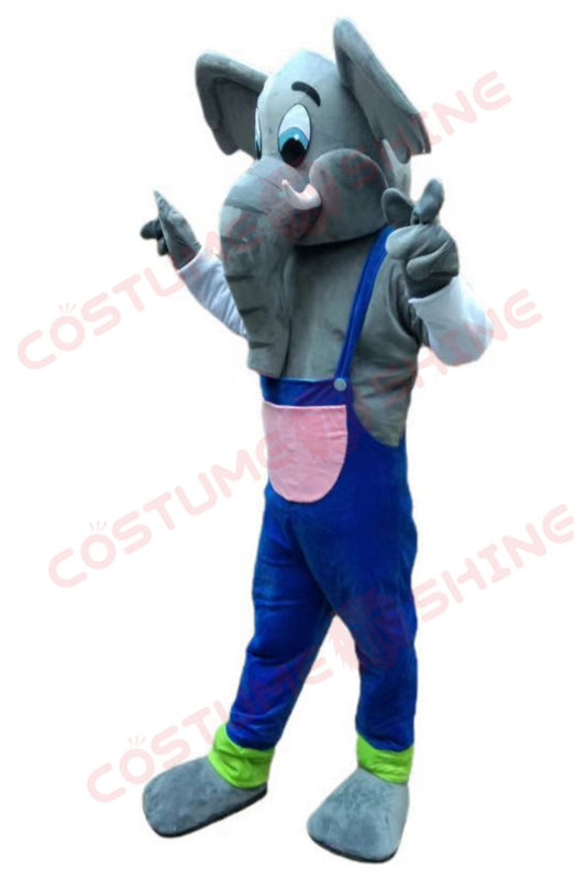 Grey Elephant Mascot Costume for Adults – Plush Suit with Blue Overalls and Green Ankle Cuffs