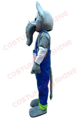 Grey Elephant Mascot Costume for Adults – Plush Suit with Blue Overalls and Green Ankle Cuffs