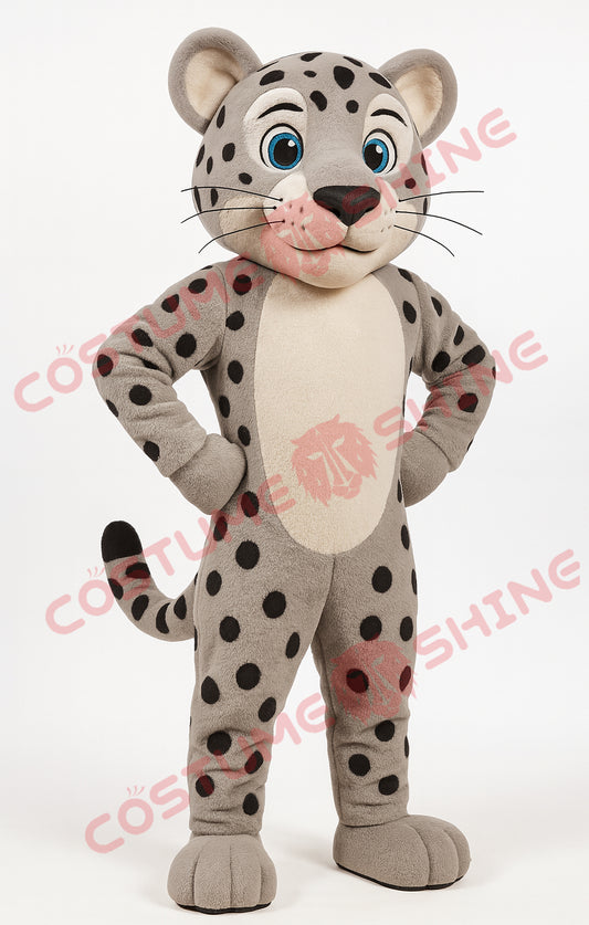 Grey Jaguar Mascot Costume – Plush Spotted Animal Suit with Hands-on-Hips Pose