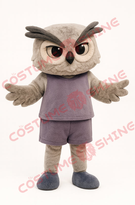 Grey Owl Mascot Costume for Adults – Plush Suit with Purple Outfit
