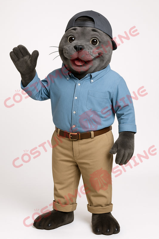 Grey Seal Mascot Costume with Blue Shirt & Khaki Pants – Adult Suit