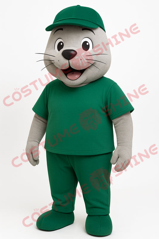 Grey Seal Mascot Costume in Green Outfit and Cap – Adult Plush Suit