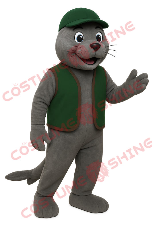 Grey Seal Mascot Costume with Green Vest and Cap – Adult Plush Suit