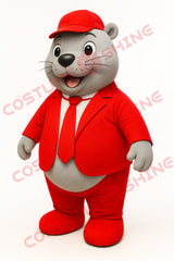 Grey Seal Mascot Costume in Red Suit and Hat – Adult Plush Character