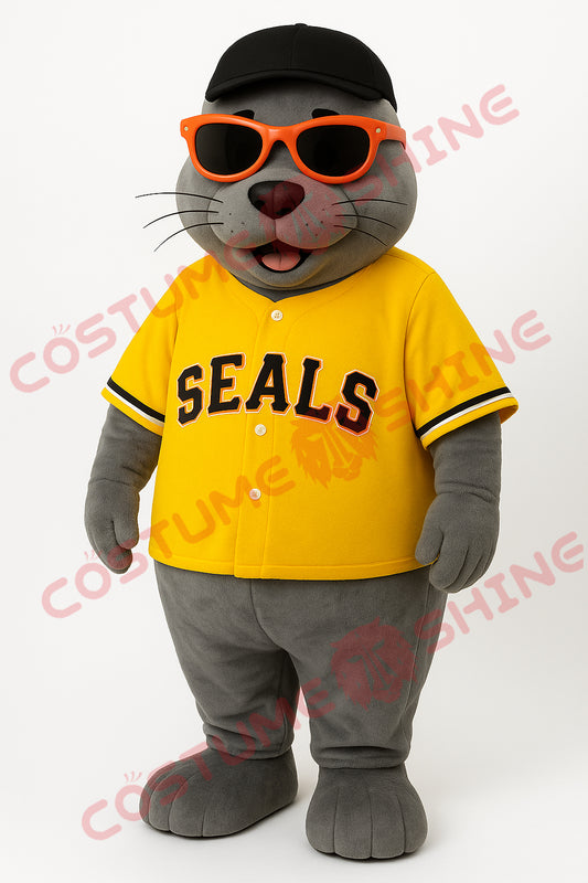 Grey Seal Mascot Costume in Yellow Baseball Jersey with Orange Sunglasses