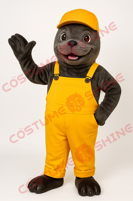 Grey Seal Mascot Costume in Yellow Overalls and Cap – Adult Suit