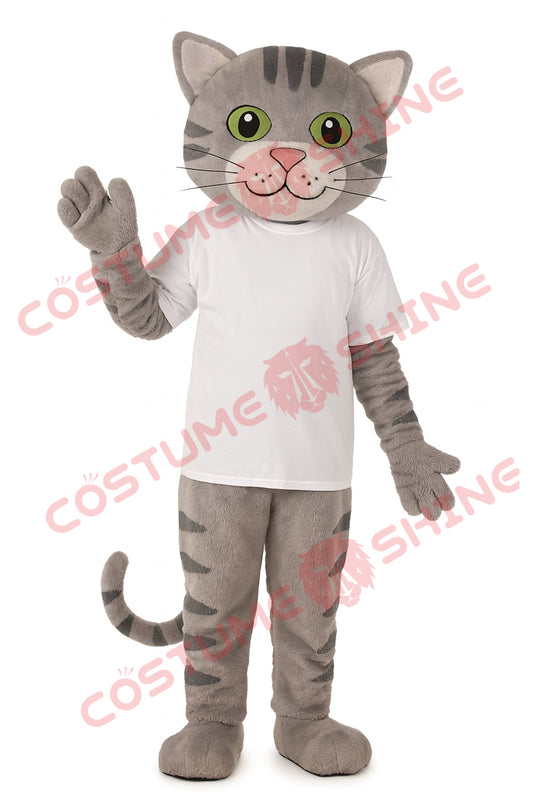 Grey Tabby Cat Mascot Costume with White T-Shirt – Plush Full Suit