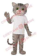 Grey Tabby Cat Mascot Costume with White T-Shirt – Plush Full Suit