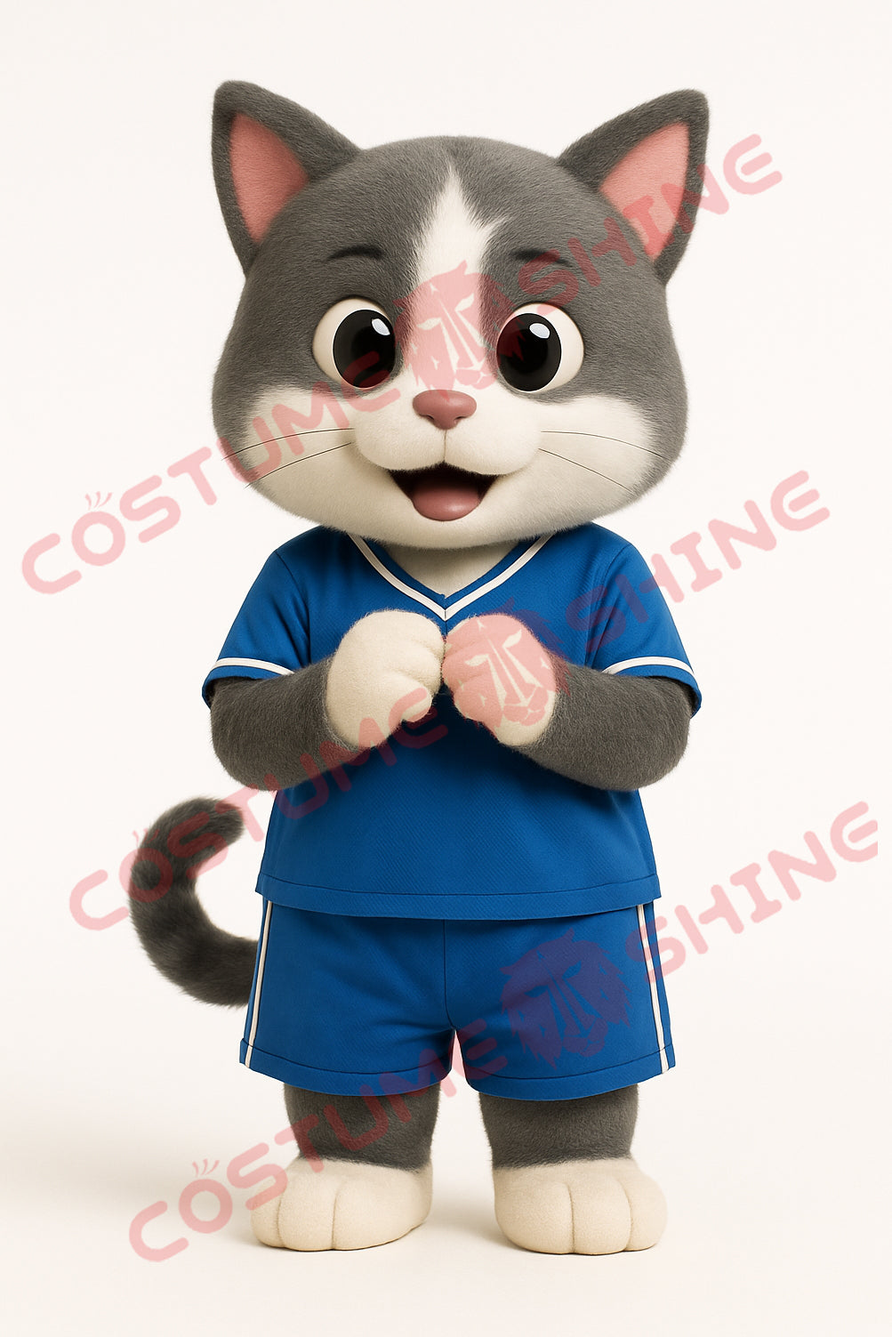 Gray White Cat Mascot Costume in Blue Sports Outfit for Events