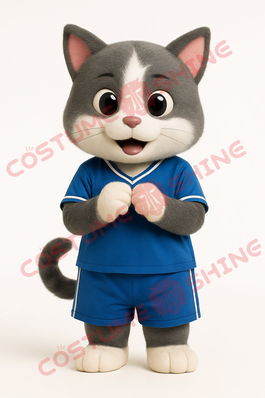 Gray White Cat Mascot Costume in Blue Sports Outfit for Events