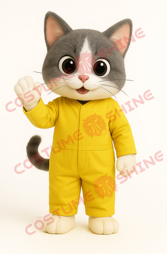 Gray White Cat Mascot Costume in Yellow Jumpsuit for Events