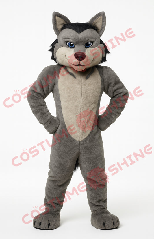 Grey Wolf Mascot Costume Hands on Hips – Adult Plush Full-Body Suit