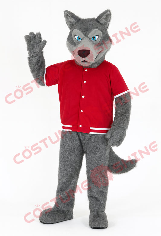 Grey Wolf Mascot Costume with Red Jersey for School & Team Events