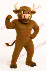 Happy Strong Bull Mascot Costume Brown Animal Suit for School and Sports Events