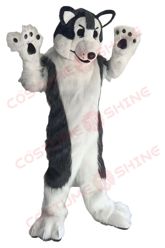 Realistic Husky Dog Mascot Costume for Adults – Black and White Plush Suit with Paw Gloves