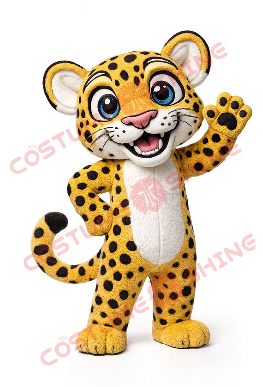 Yellow Jaguar Mascot Costume – Cute Waving Plush Spotty Animal Suit