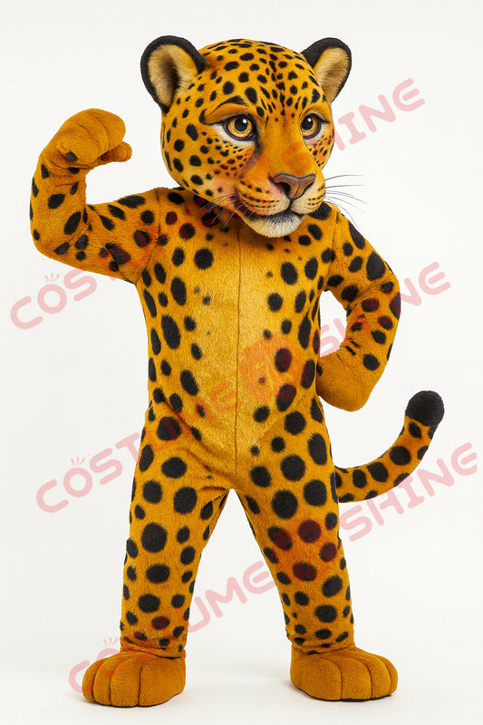Yellow Jaguar Mascot Costume – Flexing Pose Plush Animal Character Suit