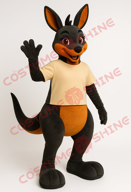 Black Orange Kangaroo Mascot Costume with Cream Shirt for Events