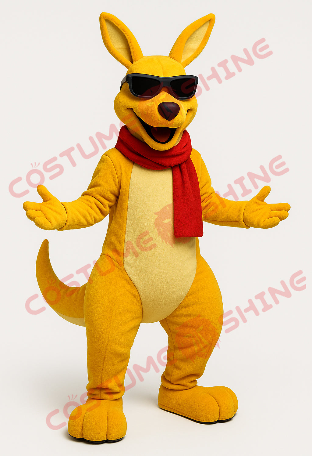 Yellow Kangaroo Mascot Costume with Red Scarf & Sunglasses