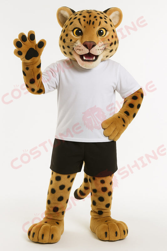 Friendly Leopard Mascot Costume Dressed in White T-Shirt and Black Shorts