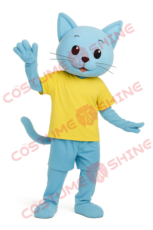 Light Blue Cat Mascot Costume with Yellow Shirt – Full Plush Suit