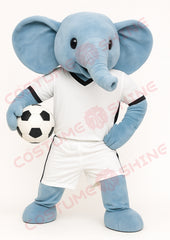 Light Blue Elephant Mascot Costume in White Soccer Uniform | Custom Sports Plush Suit