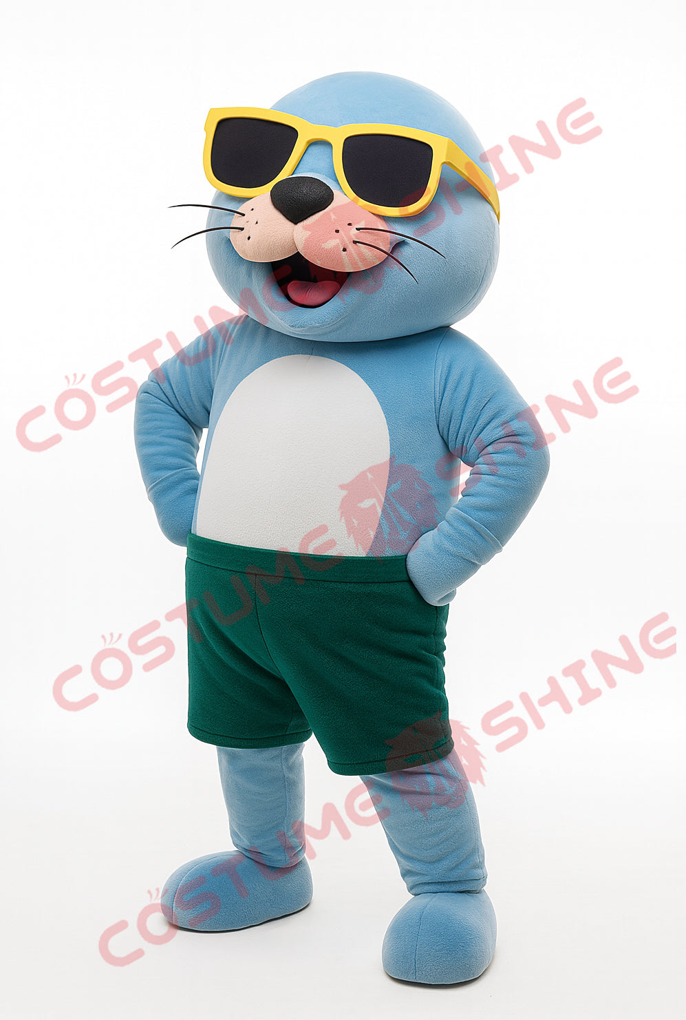Light Blue Seal Mascot Costume with Sunglasses and Green Shorts
