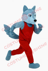 Light Blue Wolf Mascot Costume in Red Sports Outfit for School Events