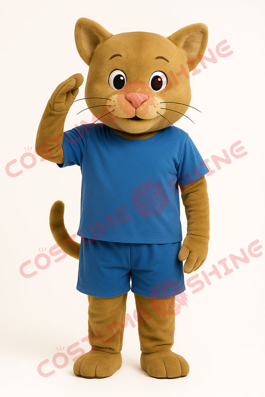 Light Brown Cat Mascot Costume with Blue Outfit – Full Plush Suit