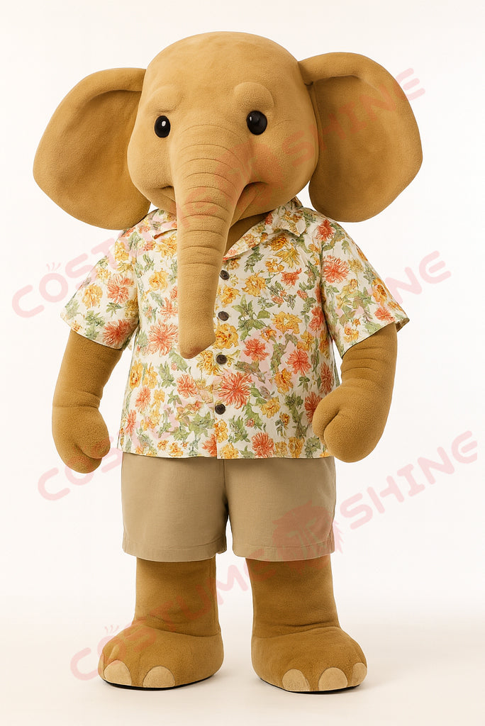 Light Brown Elephant Mascot Costume in Floral Shirt & Shorts | Custom Plush Suit for Events