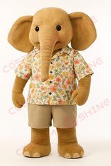 Light Brown Elephant Mascot Costume in Floral Shirt & Shorts | Custom Plush Suit for Events