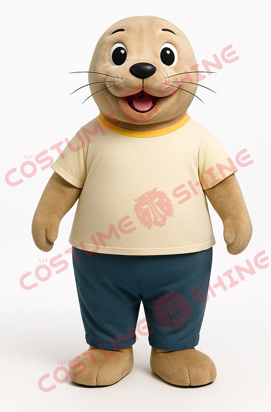 Cute Light Brown Seal Mascot Costume with Cream Shirt and Blue Pants