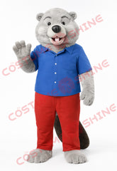 Gray Beaver Mascot Costume with Blue Shirt & Red Pants – Adult Suit