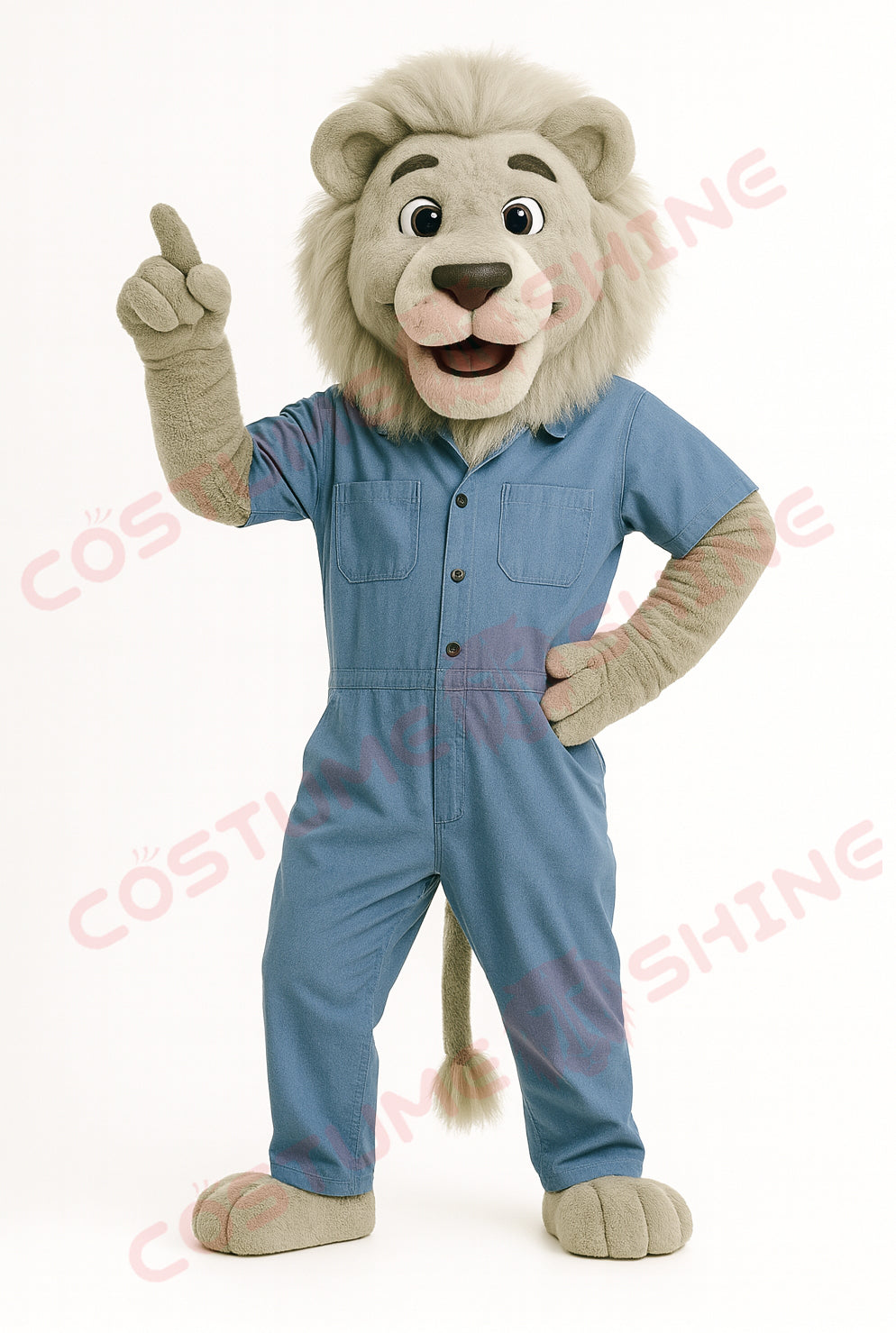 Light Gray Lion Mascot Costume in Blue Work Uniform – Custom Plush Suit for School Events, Companies, and Brand Promotions