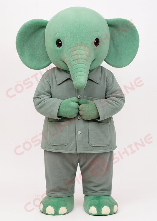 Light Green Elephant Mascot Costume in Gray Work Uniform | Custom Plush Suit for Events