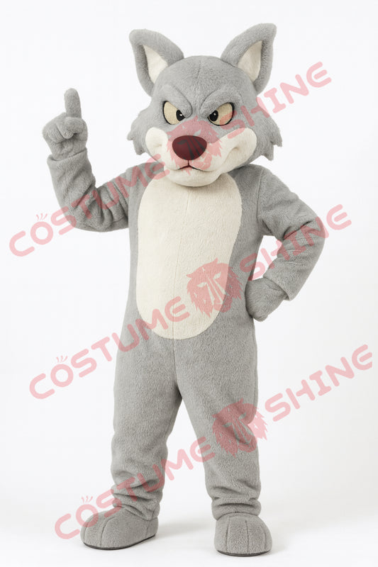 Light Grey Wolf Mascot Costume Pointing Up – Adult Plush Full Body Suit